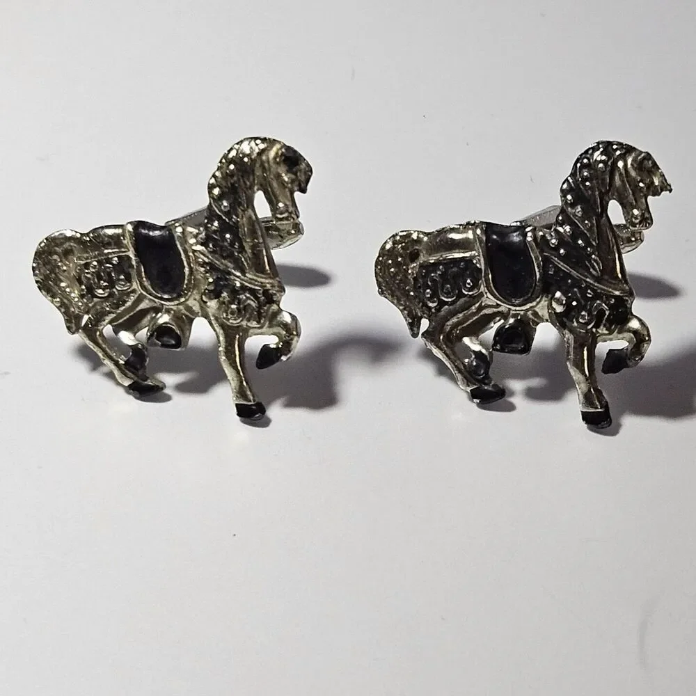 Silver Tone With Black Saddled Horse Vintage Cufflinks